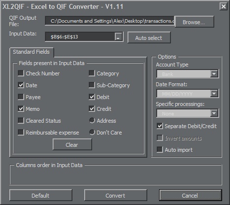 XL2QIF export options